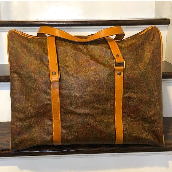 METRO MILANO Paisley Coated Canvas Vachetta Leather Boston Weekend Shoulder Bag - Picture 3 of 17